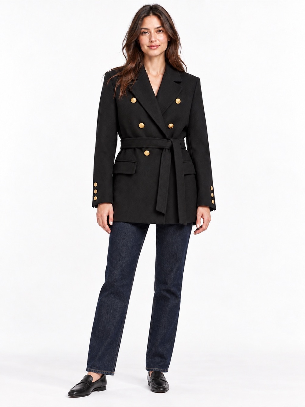 Maje Black Wool Blend Belted Double Breasted Coat Gold Buttons FR 38